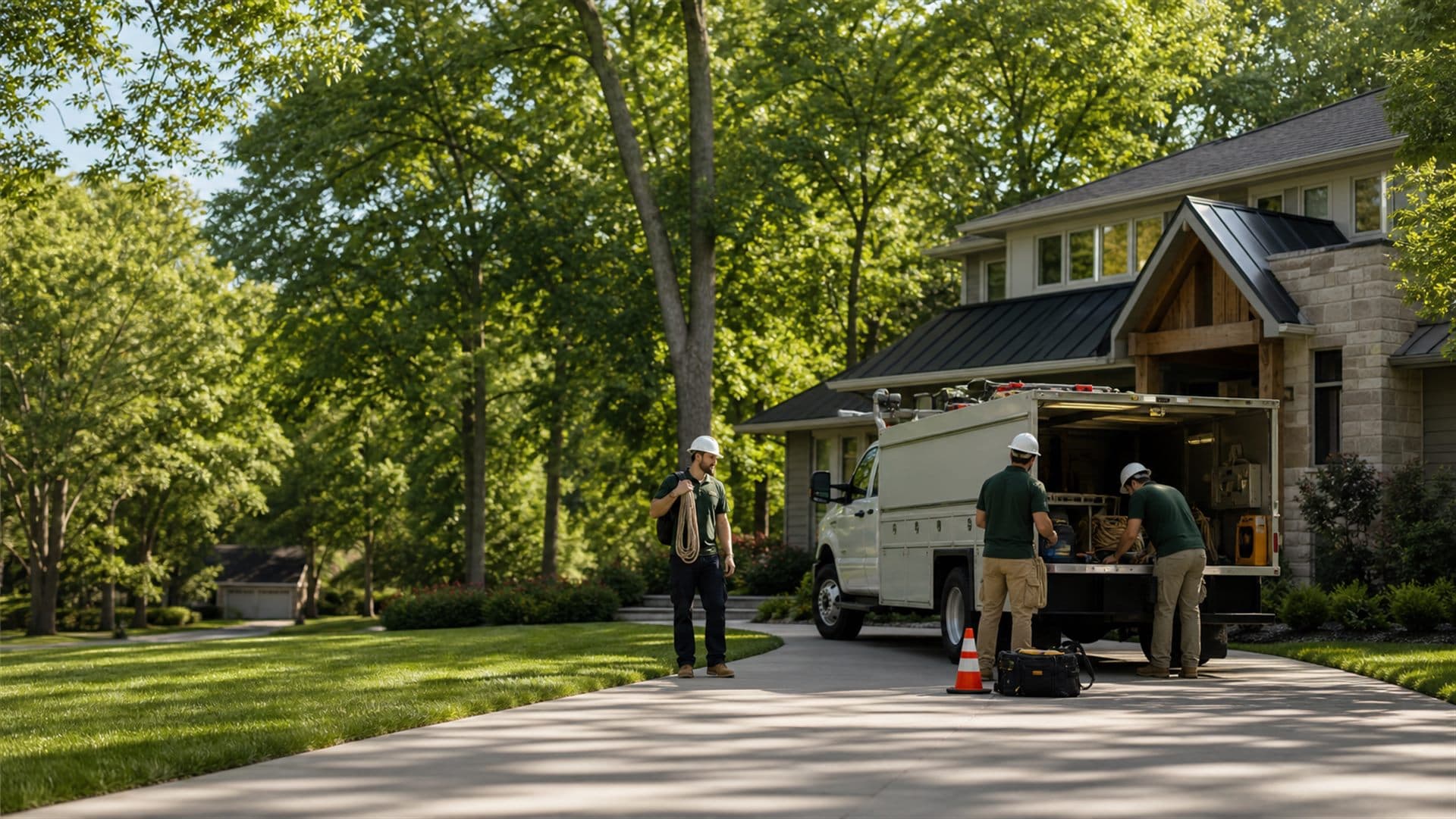 Professional tree crew arriving at a suburban property with organized equipment