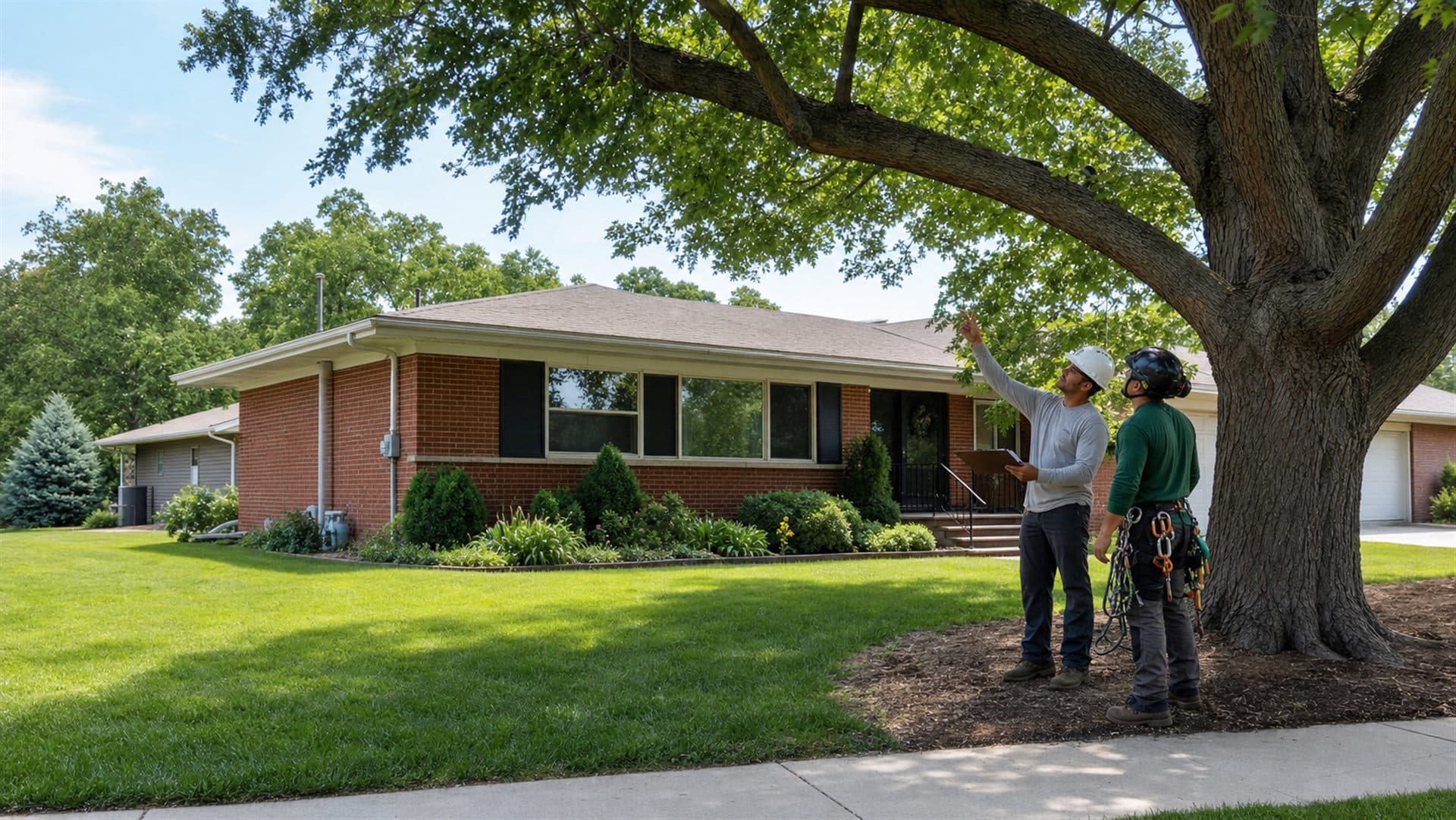 Professional tree-service crew preparing equipment at a residential property