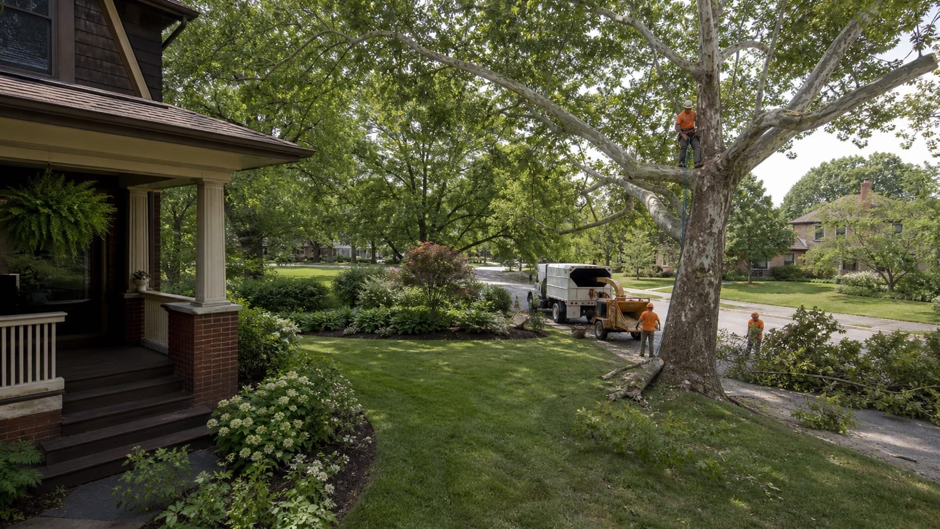 Professional tree crew working near a residential property