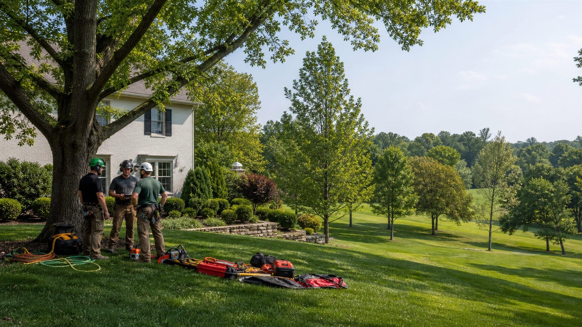 Tree-service crew completing careful work near mature trees