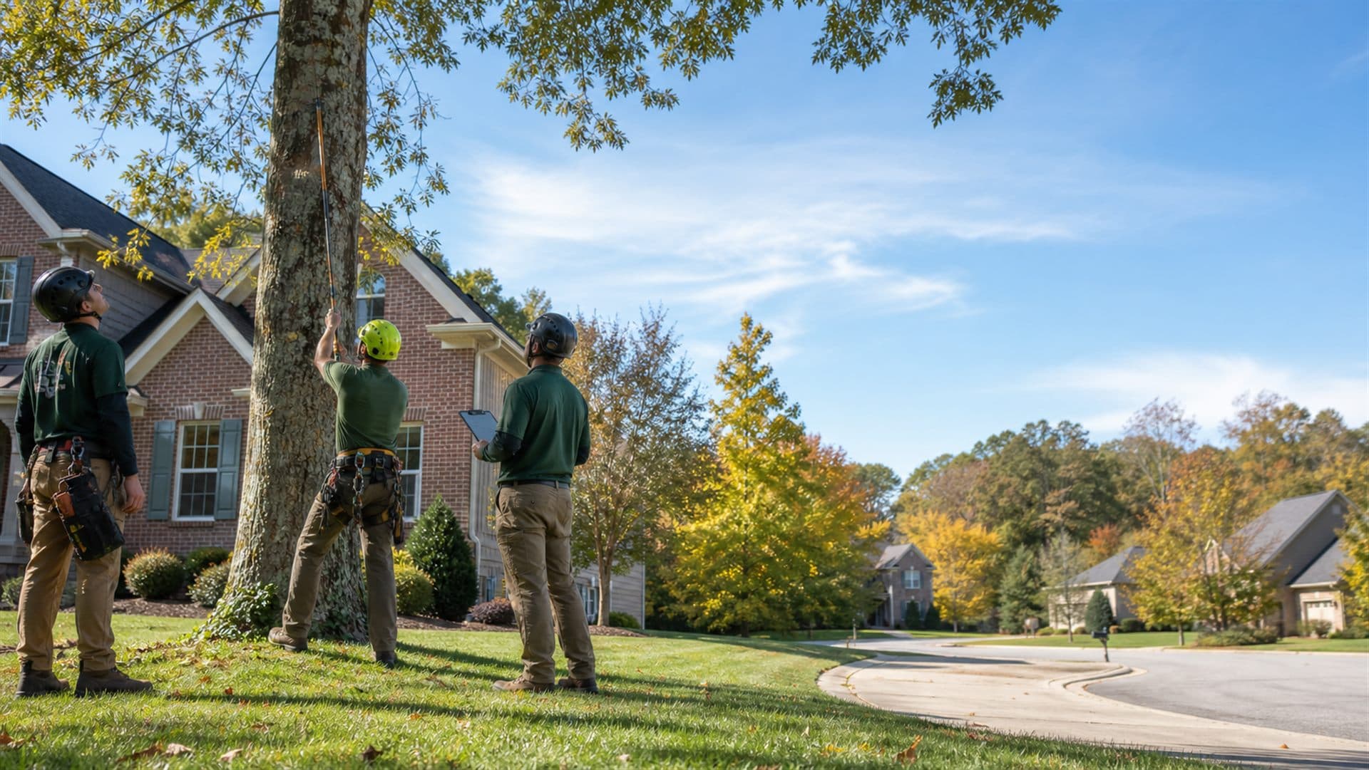 Organized tree-service equipment and crew at a suburban property